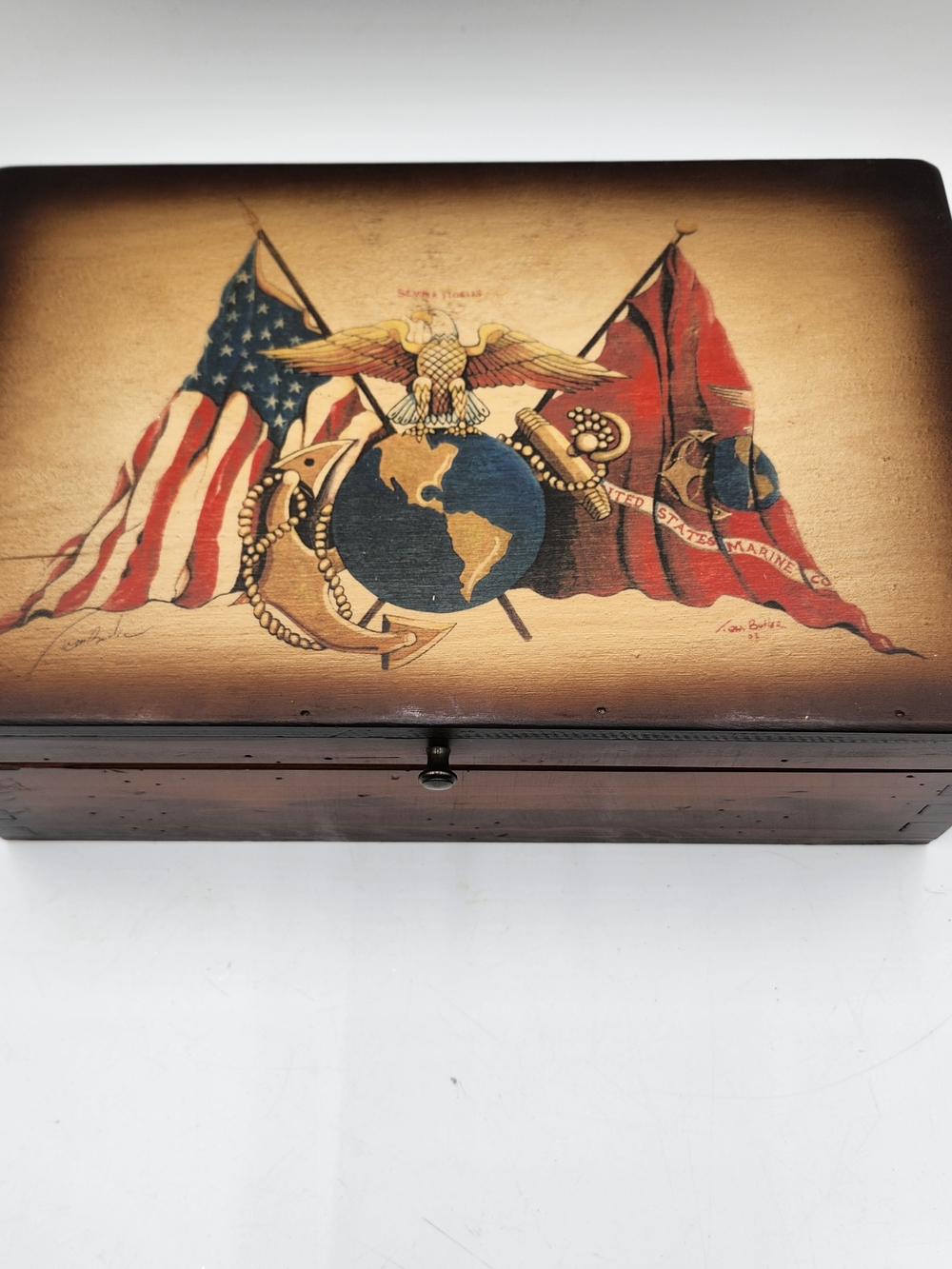 VTG Patriotic Wood Keepsake Box American Flags Military Eagle dovetails